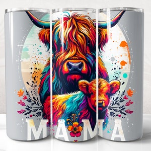 Highland Cow Mama Tumbler Wrap PNG Design, Mama Tumbler Wrap 20 oz Skinny Tumbler Sublimation Instant Digital Download