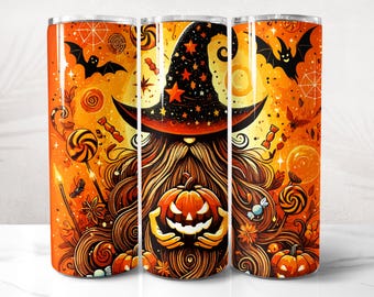 May include: A colorful illustration of a wizard with a long beard and a star-patterned hat holding a jack-o'-lantern. The background is filled with candy, bats, and other Halloween imagery. This design is printed on a stainless steel tumbler.