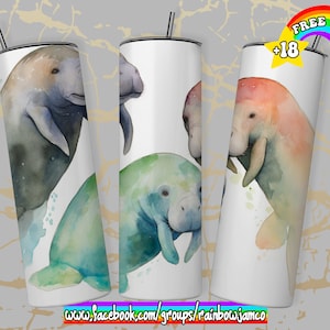 Watercolor Manatee Tumbler Wrap PNG Design, Manatee Tumbler Wrap 20 oz Skinny Tumbler Sublimation Instant Digital Download