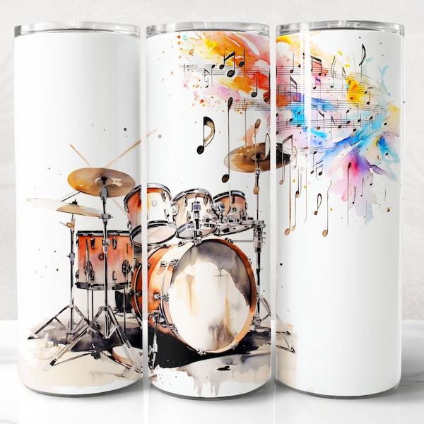 Watercolor Drums Tumbler Wrap PNG Design, Drums Tumbler Wrap 20 oz Skinny Tumbler Sublimation Instant Digital Download