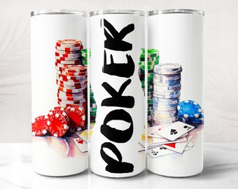 May include: Three white tumblers with a poker theme. The tumblers feature stacks of poker chips, playing cards, and the word "POKER" in black lettering.