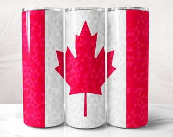 May include: Three cylindrical tumblers with a Canadian flag design. The design features a red maple leaf on a white background, flanked by red geometric patterns. The tumblers are likely made of stainless steel.