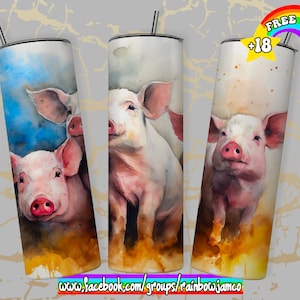 Watercolor Pig Tumbler Wrap PNG Design, Pig Tumbler Wrap 20 oz Skinny Tumbler Sublimation Instant Digital Download