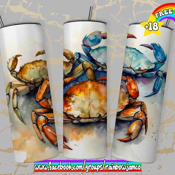 Watercolor Crab Tumbler Wrap PNG Design, Crab Tumbler Wrap 20 oz Skinny Tumbler Sublimation Instant Digital Download