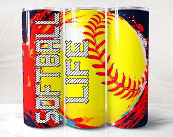 Puede incluir: Un vaso de acero inoxidable con un diseño abstracto colorido que presenta una pelota de softball y la palabra "Softball Life" en una fuente de cuerda.