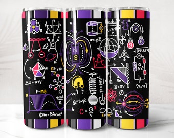 May include: A black tumbler featuring colorful scientific diagrams, equations, and geometric shapes in white, yellow, purple, and red. The design includes formulas, graphs, and physics concepts, with a striped pattern at the top and bottom.