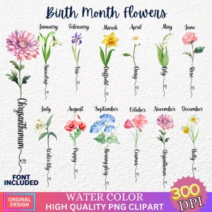 Clipart fleurs mois de naissance, lot PNG Floral antique, kit cadeau bricolage mois de naissance fleur impression créateur, graphique fleur, clipart botanique
