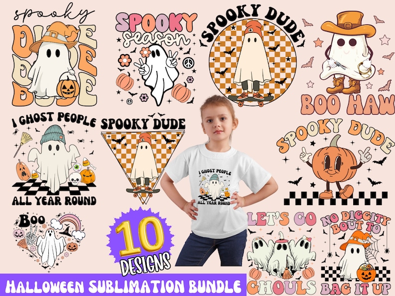 May include: A Halloween sublimation bundle featuring ten unique designs. The designs include ghosts with various accessories, pumpkins, and phrases like "Spooky Dude" and "Boo Haw." The color palette includes orange, beige, and black.