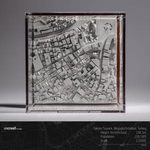 Mapa de la ciudad en 3D de la plaza Taksim, Estambul, Turquía: exquisito arte mural topográfico moderno impreso en SLA 8K y decoración única para el hogar / 4,33 x 4,33 pulgadas