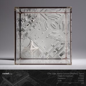 Eiffeltoren, Parijs, Frankrijk 3D-stadskaart – prachtige 8K SLA-gedrukte moderne topografische muurkunst en uniek woondecoratie | 4,33 x 4,33 inch