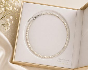 Genuine Freshwater Pearl Necklace – 3-4mm Beads, 925 Sterling Silver Clasp, Bridal Elegance