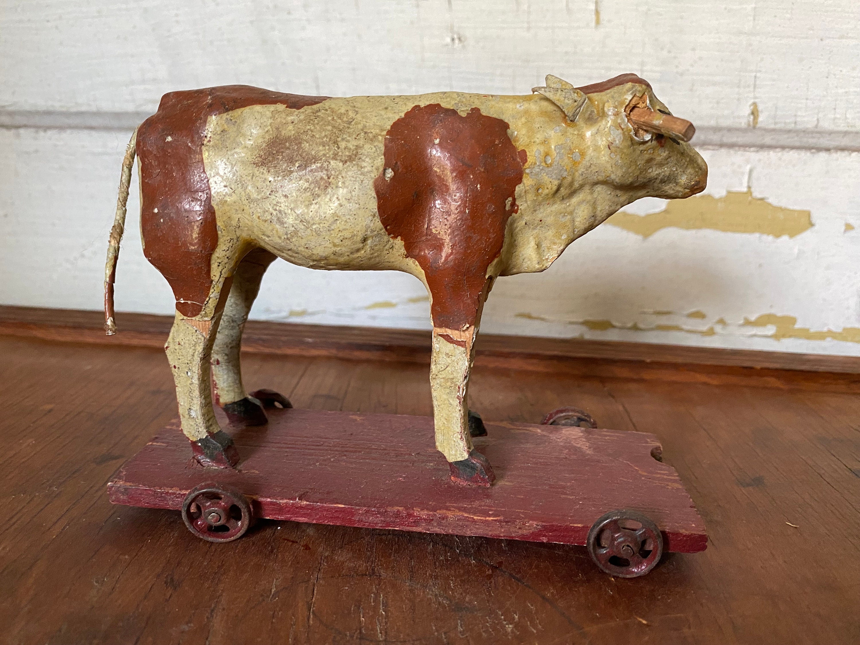 Antique German Paper Mache Stick Leg Bill Cow Toy Primitive Etsy