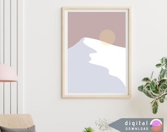 Paesaggio montano innevato sereno, arte calmante ed equilibrata, tavolozza di colori tenui che porta relax, pace e tranquillità ai sensi, download digitale di opere d'arte da parete