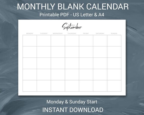 Printable Blank Monthly Calendar Sunday / Monday Start Simple - Etsy