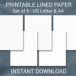 Printable Lined Paper PDF, Narrow Ruled Paper, Wide Ruled Paper, College Ruled Paper, Set of 5 Lined Sheets, Instant Download Stationery