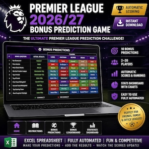 Pode incluir: Um portátil exibindo uma planilha de um jogo de palpites da Premier League 2026/27. A tela mostra uma tabela com perguntas bônus, resultados reais e palpites de jogadores. Painéis laterais listam recursos como pontuação automática e estatísticas.