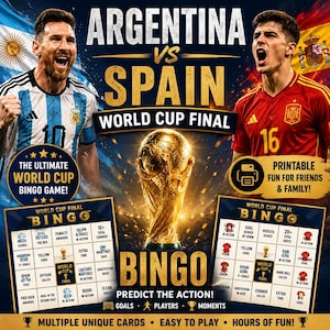 May include: A digital graphic for a World Cup Final bingo game featuring Lionel Messi in an Argentina jersey and a player in a Spain jersey. The center displays the World Cup trophy, flanked by two bingo cards with text including World Cup Final Bingo.