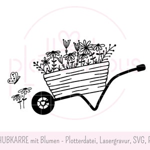 Skottkärra med blommor - plotterfil, lasergravering, SVG, PNG, trädgård, vildblommor, rabatt, skottkärra, kommersiellt bruk