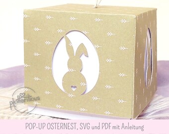 Pop-up påskbo - SVG- och PDF-plotterfil med hantverksinstruktioner och mall, påskkorg, påskasse, påskhare, påskägg, gör-det-själv-påskgåva