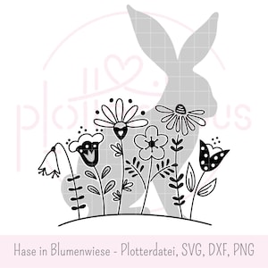 Coniglietto nel prato fiorito - file plotter incisione laser SVG DXF PNG Uso commerciale scandinavo Coniglietto di Pasqua Regalo di Pasqua Decorazione floreale di Pasqua
