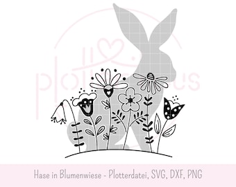 Konijntje in bloemenweide - plotterbestand lasergravure SVG DXF PNG Scandinavisch commercieel gebruik Paashaas Paascadeau Paasdecoratie bloemen