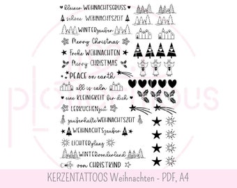 Candle tattoos Christmas - PDF template A4, waterslide film, candle stickers, stick candles, commercial use