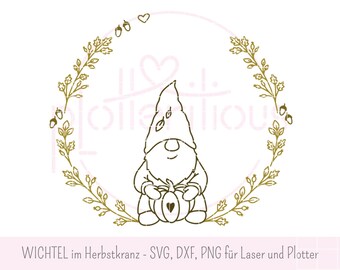 Kabouter in herfstkrans - SVG, DXF, PNG, commercieel gebruik, pompoen, herfst, bladeren, Halloween, herfstdecoratie