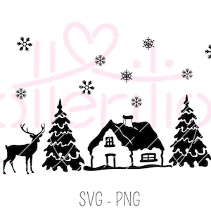 Paysage d’hiver SVG PNG - fichier traceur, neigeux, cerf, arbre de Noël, cabane, maison, hiver, carte de Noël, utilisation commerciale