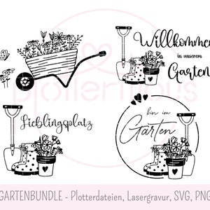 GARDEN BUNDLE - arquivos plotter, gravação a laser, SVG, PNG, lugar favorito, bem-vindo, carrinho de mão, estou no jardim, uso comercial, placa