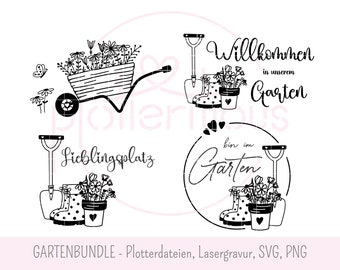 GARTENBUNDLE - Plotterdateien, Lasergravur, SVG, PNG, Lieblingsplatz, Willkommen, Schubkarre, bin im Garten, kommerzielle Nutzung, Schild