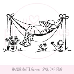 May include: Black and white line art illustration of a person relaxing in a hammock. The person wears a sun hat and polka dot rain boots. A potted plant, flowers, and a watering can are also depicted.