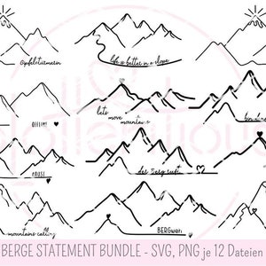 Pacote de declaração de montanhas - SVG, PNG, 12 arquivos cada, dizendo, amor pela montanha, esqui, caminhada, caminhante, arquivo plotter, sublimação