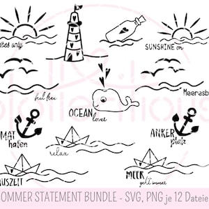 SUMMER Statement Bundle - fichier traceur, SVG, PNG, mer, ancre, bateau, phare, baleine, soleil, mouettes, vagues, vacances, maritime, message dans une bouteille