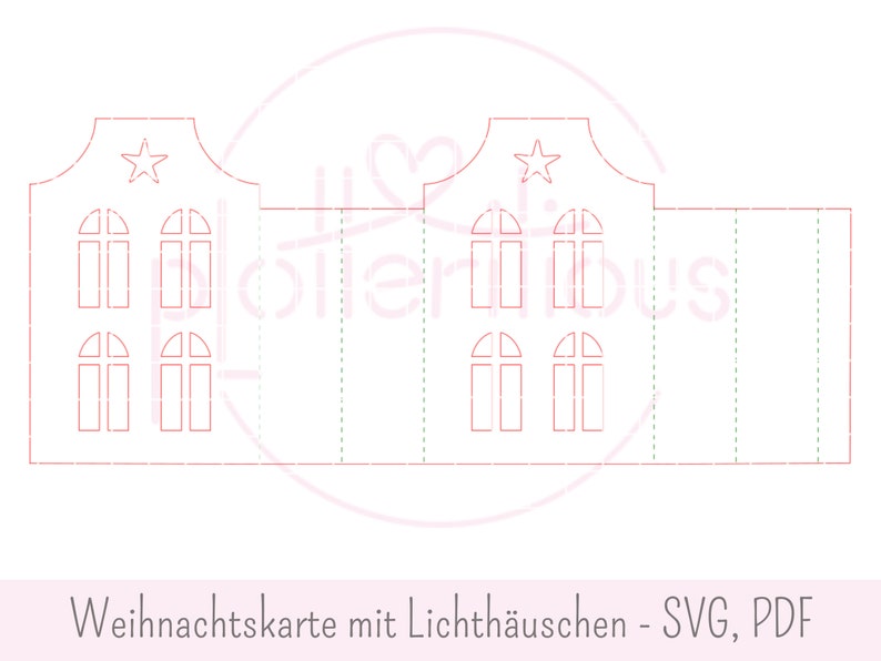Op de afbeelding: Een printbaar kerstkaartontwerp met een rode omtrek van een huis met ramen en een ster bovenop. De tekst "Weihnachtskarte mit Lichth&auml;uschen - SVG, PDF" staat onderaan het ontwerp.