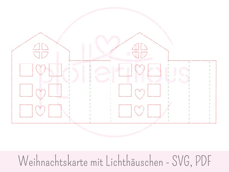 Op de afbeelding: Een printbare sjabloon voor een kerstkaart met twee huizen met ramen en harten. De tekst "Weihnachtskarte mit Lichth&auml;uschen - SVG, PDF" staat onderaan de afbeelding.