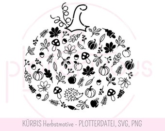 PUMPKIN autumn motifs - plotter file, SVG, PNG, leaves, mushroom, hedgehog, floral, rose hip, acorn, apple, autumn love, autumn decoration