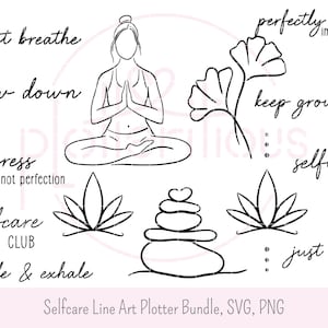 May include: Black and white line art bundle featuring yoga-themed illustrations. Includes a meditating figure, lotus flowers, stacked stones, and phrases such as "just breathe" and "selfcare club."