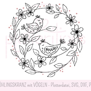 Corona de primavera con pájaros - archivo de trazador, SVG, DXF, PNG, flores, ramas, hojas, floral, uso comercial, corona de flores