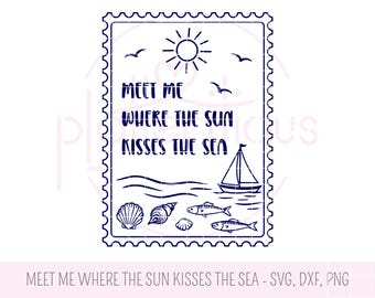Ontmoet me waar de zon de zee kust | Maritiem plotterbestand SVG DXF PNG | Zeekuststempel zeilboot | Slogan voor zomerstrandshirt | Vakantie