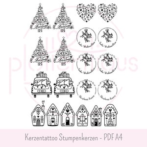 Puede incluir: Un conjunto de 12 diseños de tatuajes de velas con temática navideña en blanco y negro. Los diseños incluyen árboles de Navidad, muérdago, casas y un coche con un árbol de Navidad en la parte superior. El texto "Kerzentattoo Stumpenkerzen - PDF A4" está en la parte inferior de la imagen.