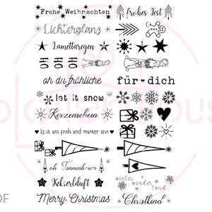 Puede incluir: Conjunto de sellos de temática navideña en blanco y negro con varios diseños, incluyendo copos de nieve, estrellas, regalos, un hombre de jengibre, un árbol de Navidad y texto en alemán e inglés. El texto incluye "Frohe Weihnachten", "Lichterglans", "let it snow", "Kerzenschein", "Merry Christmas" y "Christkind".