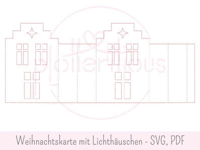 Op de afbeelding: Een printbaar kerstkaartontwerp met een rode omtrek van een huis met ramen en een ster bovenop. De tekst "Weihnachtskarte mit Lichth&auml;uschen - SVG, PDF" staat onderaan het ontwerp.