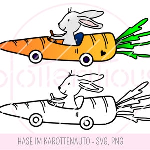 OSTERHASE - SVG, PNG, Karotte, Möhre, Auto, Plotterdatei, Ostern, Rennfahrer, Rennauto, Kinderplott, Hase, Karottenauto