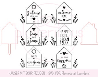 Huizen met letters - SVG, PDF, plotterbestand, laserbestand, laserblanks, individueel ontwerp, commercieel gebruik, verhuizing, thuis