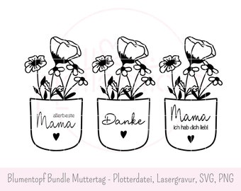 Flowerpot Bundle for Mother's Day - plotter file, laser engraving, SVG, PNG, commercial use, thank you, best mom, mom I love you