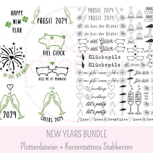 NEW YEARS BUNDLE 2024 - plotter file, candle tattoo stick candle, svg pdf png, New Year's Eve, New Year's Eve, water slide film, commercial