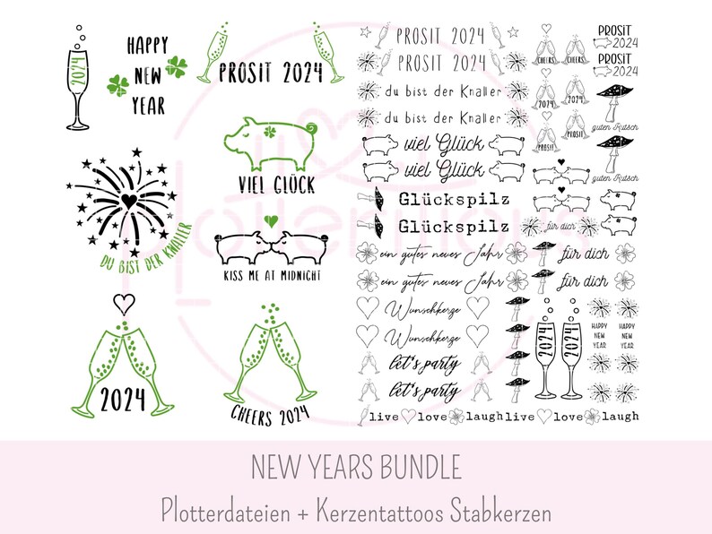 May include: A set of black and green New Year's Eve themed SVG cut files. The designs include champagne glasses, fireworks, pigs, and the text "Prosit 2024", "Happy New Year", "Kiss Me At Midnight", "Viel Gl&uuml;ck", "Gl&uuml;ckspilz", "Du Bist Der Knaller", "Ein Guter Neues Jahr", "Wunschkerze", "Let's Party", "Cheers 2024", "Live Love Laugh", and "2024".