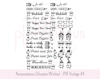 New Year's Eve Gnome Candle Tattoos - PDF Template A4 Candle Stickers, Waterslide Decals, Commercial Use, Happy New Year, New Year's Eve, New Year's Day