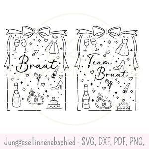 Puede incluir: Diseño de arte lineal en blanco y negro con las palabras "Braut" y "Team Braut" e ilustraciones con temática de boda. Incluye botellas de champán, anillos, un vestido, tacones altos y lápiz labial. El diseño está enmarcado con un lazo y cintas.