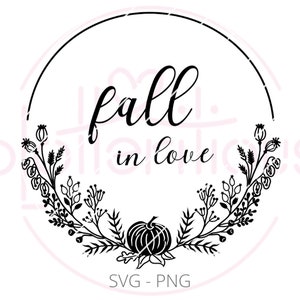 May include: Black and white graphic design with a wreath of flowers and the text "fall in love" inside a circle.